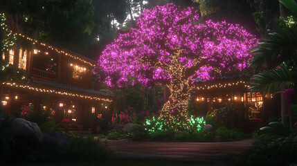 Enchanting Luminous Tree and Traditional Japanese Houses in a Mystical Night Garden Setting