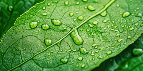Fototapeta premium A vibrant green leaf displays detailed veins adorned with droplets of water, highlighting its freshness in a natural environment under soft sunlight