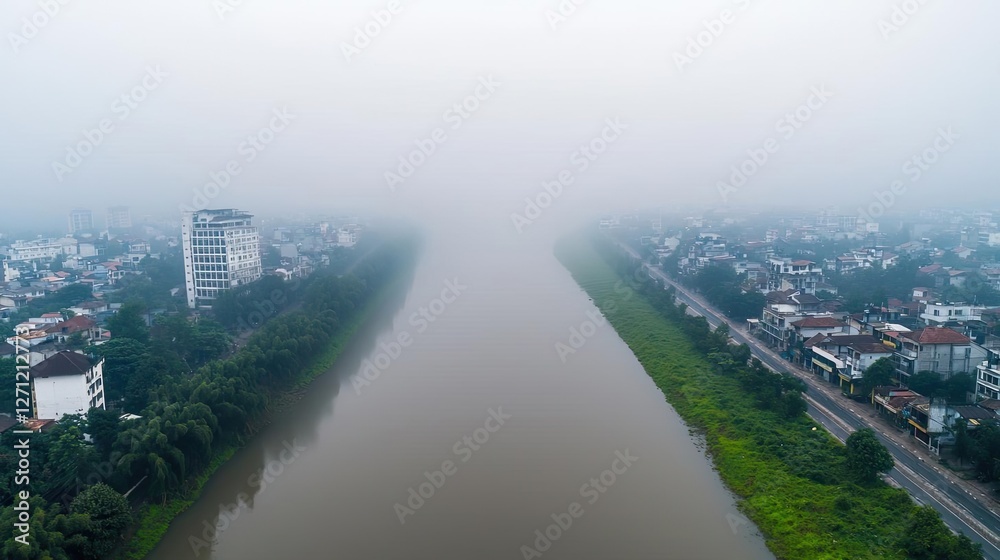 Poster acid rain climate change idea. a misty river view surrounded by buildings and trees in a serene envi