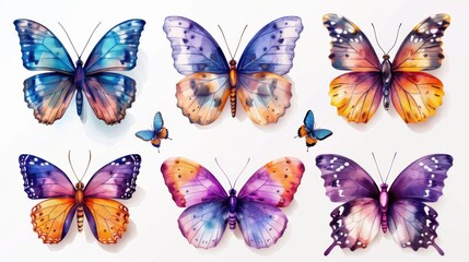 Butterfly illustration set with blue, purple, and orange tones, detailed wings on a clean white background