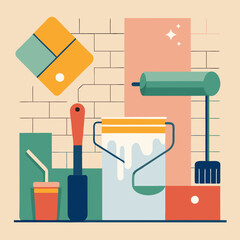 Un bote de pintura, brochas y un rodillo est&aacute;n organizados sobre una superficie con fondo geom&eacute;trico. Representa preparaci&oacute;n y decoraci&oacute;n.
