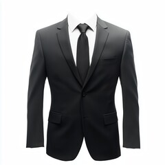 A hyper-realistic high-resolution image of a headless business suit featuring a dark charcoal blazer white dress shirt and black tie isolated on a pure white background.