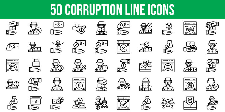 Set of 50 Outline Icons Related to Corruption. Line Icon Collection. Editable stroke. Vector illustration