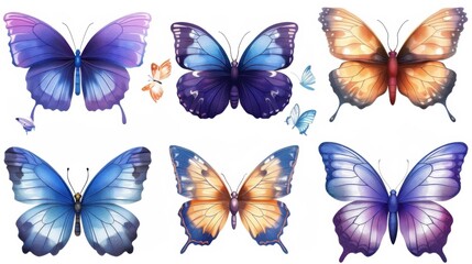 Butterfly illustration set with blue, purple, and orange tones, detailed wings on a clean white background