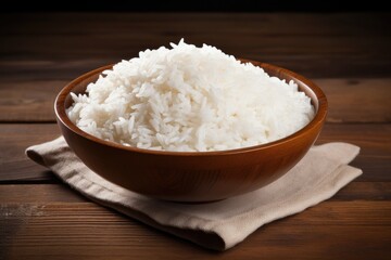 White rice displayed in a wooden bowl on a table