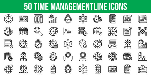 Set of 50 Outline Icons Related to Time Management. Line Icon Collection. Editable stroke. Vector illustration