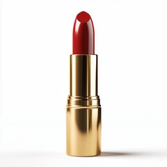A hyper-realistic high-resolution image of luxurious red lipstick in a gold case isolated on a pure white background with soft lighting.