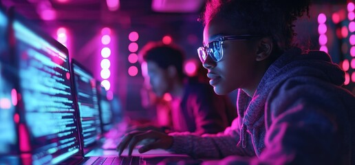 Naklejka premium Woman coding late night, office background