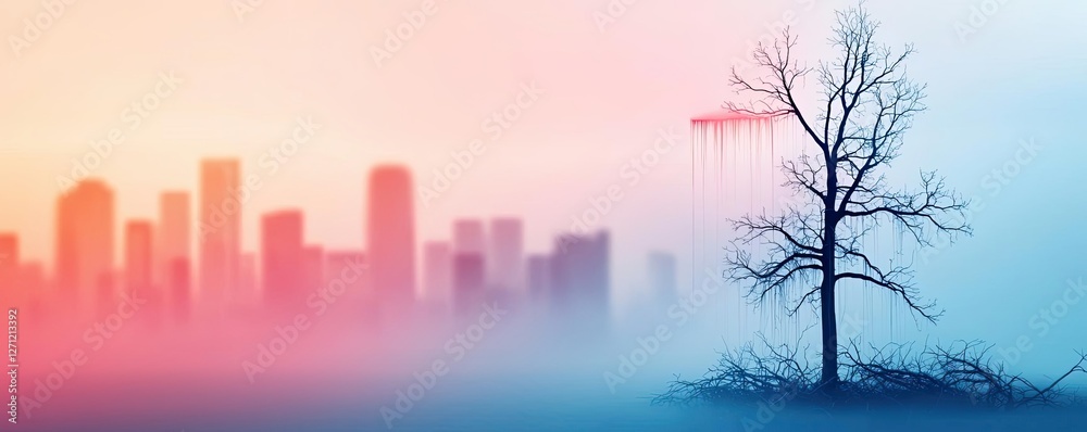 Aufkleber acid rain climate change idea. a silhouette of a tree against a colorful city skyline in soft misty 