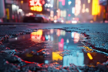 Reflections in Puddle on Urban Street with Neon Lights Glow