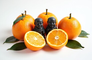 Hallabong tangerines with two dolhareubangs on white background. Citrus fruits bred in South Korea. Half cut tangerines lie near black stone sculptures. Sweet mandarins and dark statue.