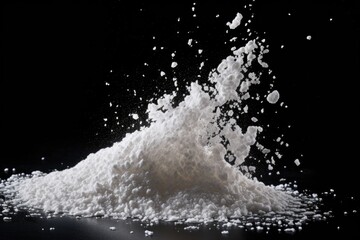 White sea salt falling on black background
