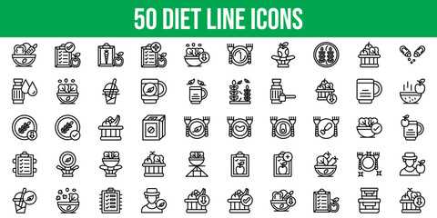 Set of 50 Outline Icons Related to Diet. Line Icon Collection. Editable stroke. Vector illustration