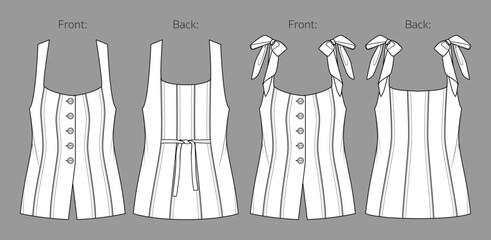 Vector sleeveless jacket with shoulder ties and buttons fashion CAD, tailored woman long vest technical drawing, template, flat, sketch. Linen or woven fabric vest with front, back view, white color