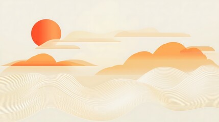 Abstract Sunrise Landscape with Wavy Lines and Hills