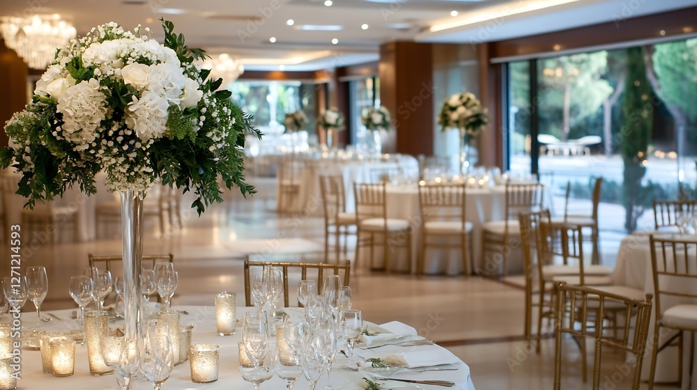 Poster sophisticated dining setup with chic floral centerpieces and glowing candles for an event : generati