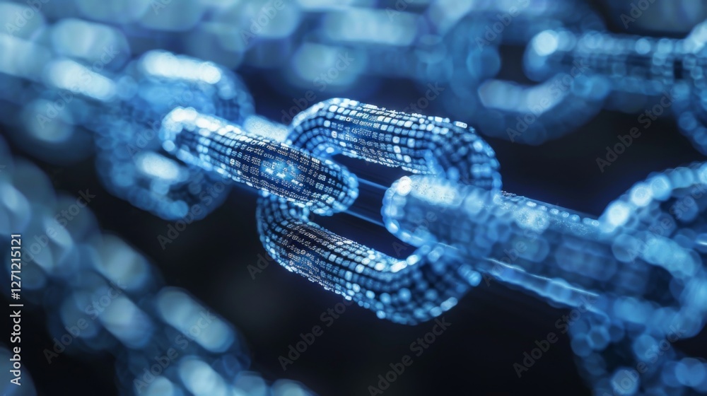 Poster The visual presents a close up of interconnected digital chain links, glowing with binary code and reflecting modern technology. This representation emphasizes data security and blockchain concepts.