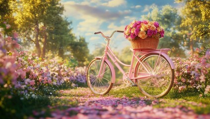 Fototapeta premium Pink Bicycle with Roses in a Flower Garden at Sunrise: A Serene Springtime Scene