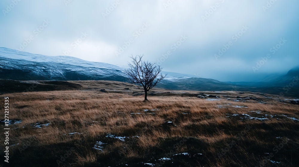 Poster lonely leafless tree on expansive field under overcast sky in winter landscape : generative ai