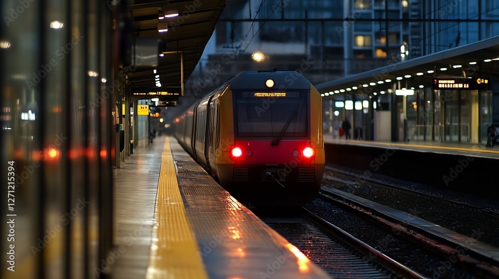 Poster train approaching the station during twilight highlighting a vibrant urban commute scene filled with