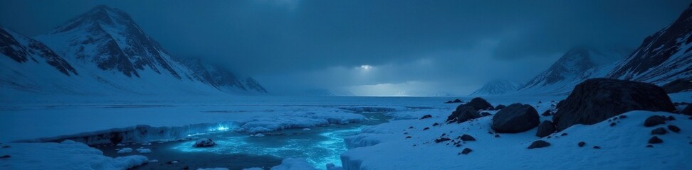 Obraz premium Dark and icy terrain with a faint glow emanating from beneath the surface, mysterious glow, frosty atmosphere, cold climate