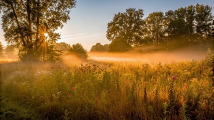 Fototapeta premium The tranquil morning unveils a picturesque landscape, where the first rays of sunlight dance through the trees, caressing the vibrant wild flowers.