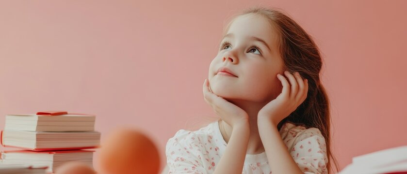A Pensive Young Learner with Books and an Apricot Background