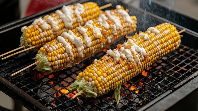 Street vendor grilling elotes in a bustling market food photography urban environment close-up view