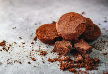 Close-up of coffee grounds from espresso machine. coffee ground on gray background