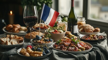 French culinary delight traditional foods and wine spread cozy dining room aesthetic table setup