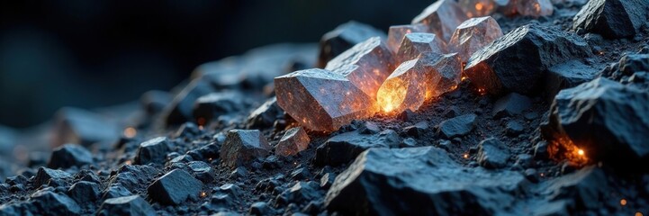 Shimmering gray crystals embedded in a matrix of dark stone, rock formation, ornate, crystal