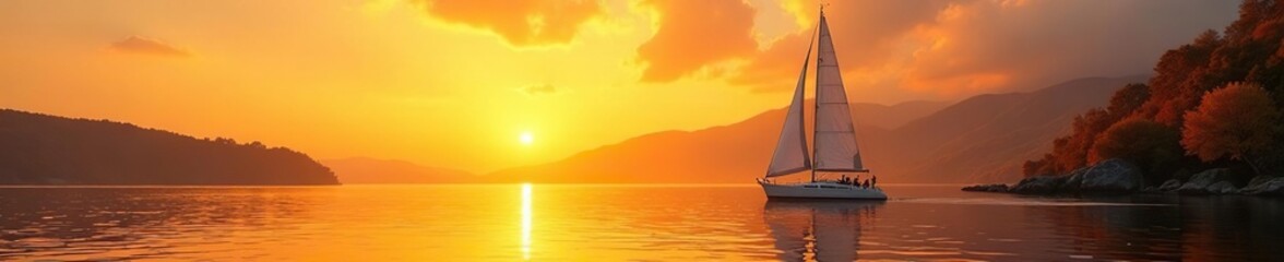 Fototapeta premium White sail caught against warm golden autumn sunset, warm, sail, autumn