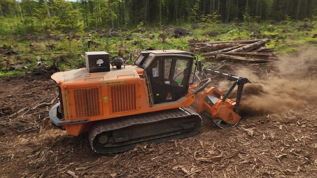 A mulcher shred organic material, leaves, branches, grass, or other plant debris, into smaller pieces. Construction of a road through the forest. Cutting and clearing of forest for road construction.