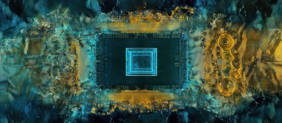 Abstract microchip art with glowing square technology illustration