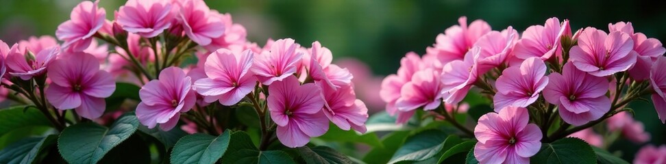 Fototapeta premium Branches of Royal Pelargonium Archie Pope with lilac flowers are densely packed, pelargonium, greenery