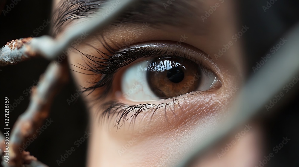 Aufkleber close up view of a brown eye reflecting light through a metal fence showing deep emotions : generati