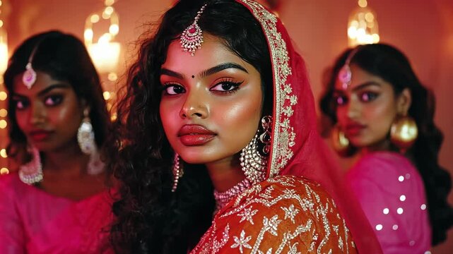 Beautiful young women in traditional attire celebrate together during a cultural event in a vibrant setting