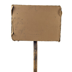 Isolated Weathered Brown Cardboard Sign with Wooden Post