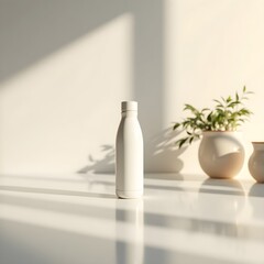 Reusable bottle of a water shot in a minimalist setup with a bright lightning studio style, white and beige themed showing a classy and clean environnement
