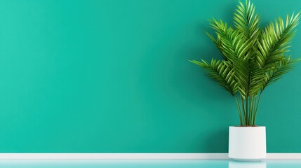 Fototapeta premium Tranquil Interior: A vibrant houseplant in a modern pot stands against a serene turquoise wall, offering a touch of natural elegance to the room. 