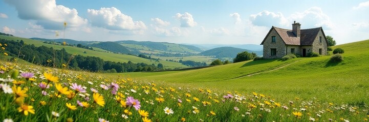 Rolling hills covered in wildflowers and a stone cottage, hills, countryside, field