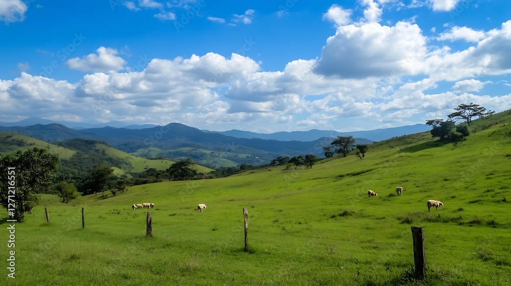 Poster vast green pasture with cows grazing under a blue sky and fluffy clouds in a serene landscape : gene