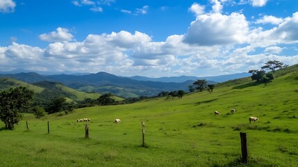 Vast green pasture with cows grazing under a blue sky and fluffy clouds in a serene landscape : Generative AI
