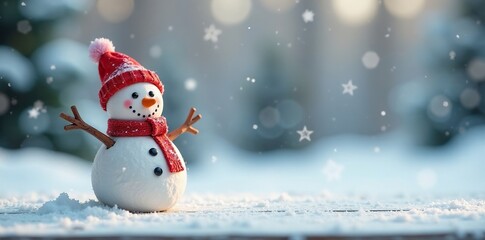 Fototapeta premium Whimsical snowman figurine on white wooden table in snowy landscape, whimsical, snowflakes
