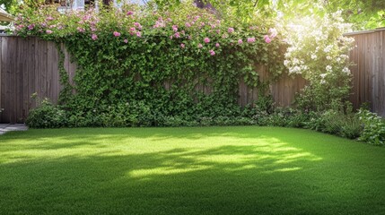 Lush Green Oasis with Climbing Blooms and Sunlit Fence