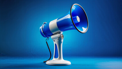 A blue megaphone positioned against a solid blue background