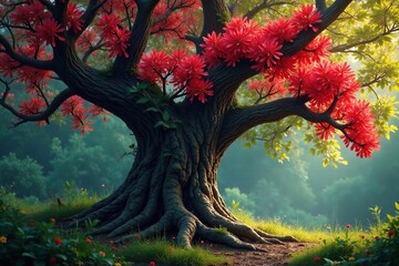 A majestic tree's gnarled trunk adorned with clusters of bright red flowers, botanical, tropical