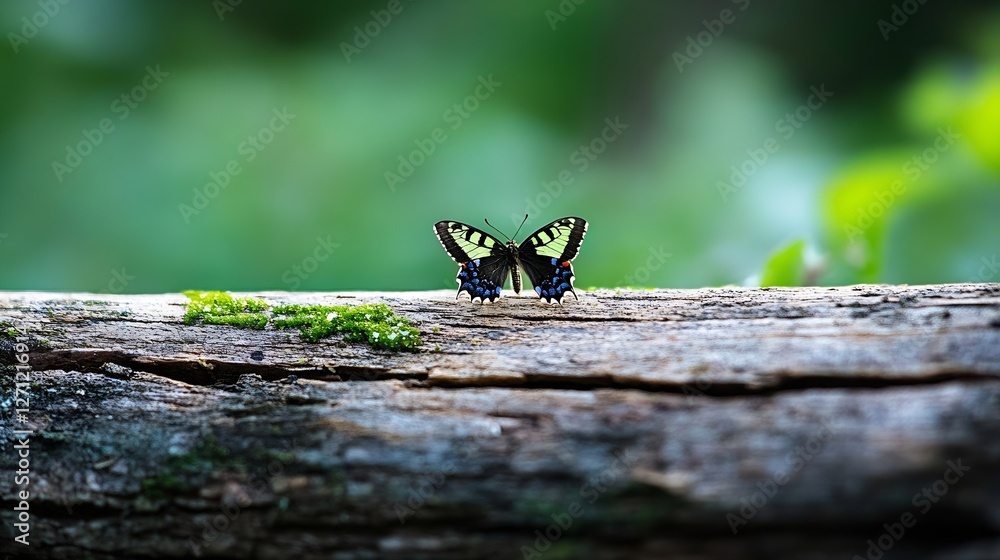 Poster colorful butterfly resting on a wooden log surrounded by green foliage : generative ai