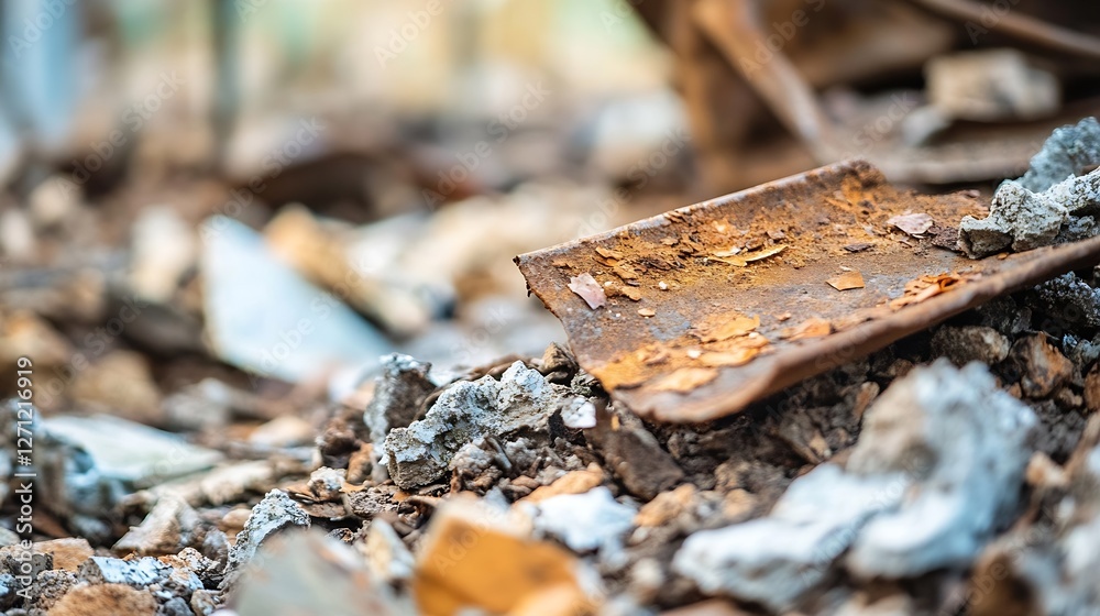 Poster close up view of rusty metal sheet among pebbles and gravel in abandoned site : generative ai