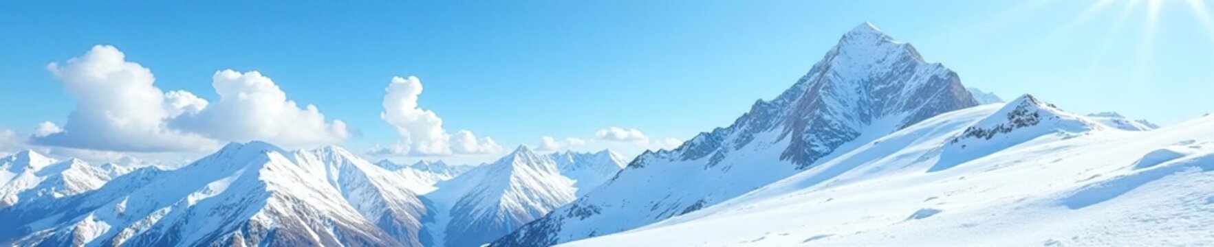 Serene snow-covered slopes of a majestic mountain under a clear blue sky with clouds, mountain, slope
